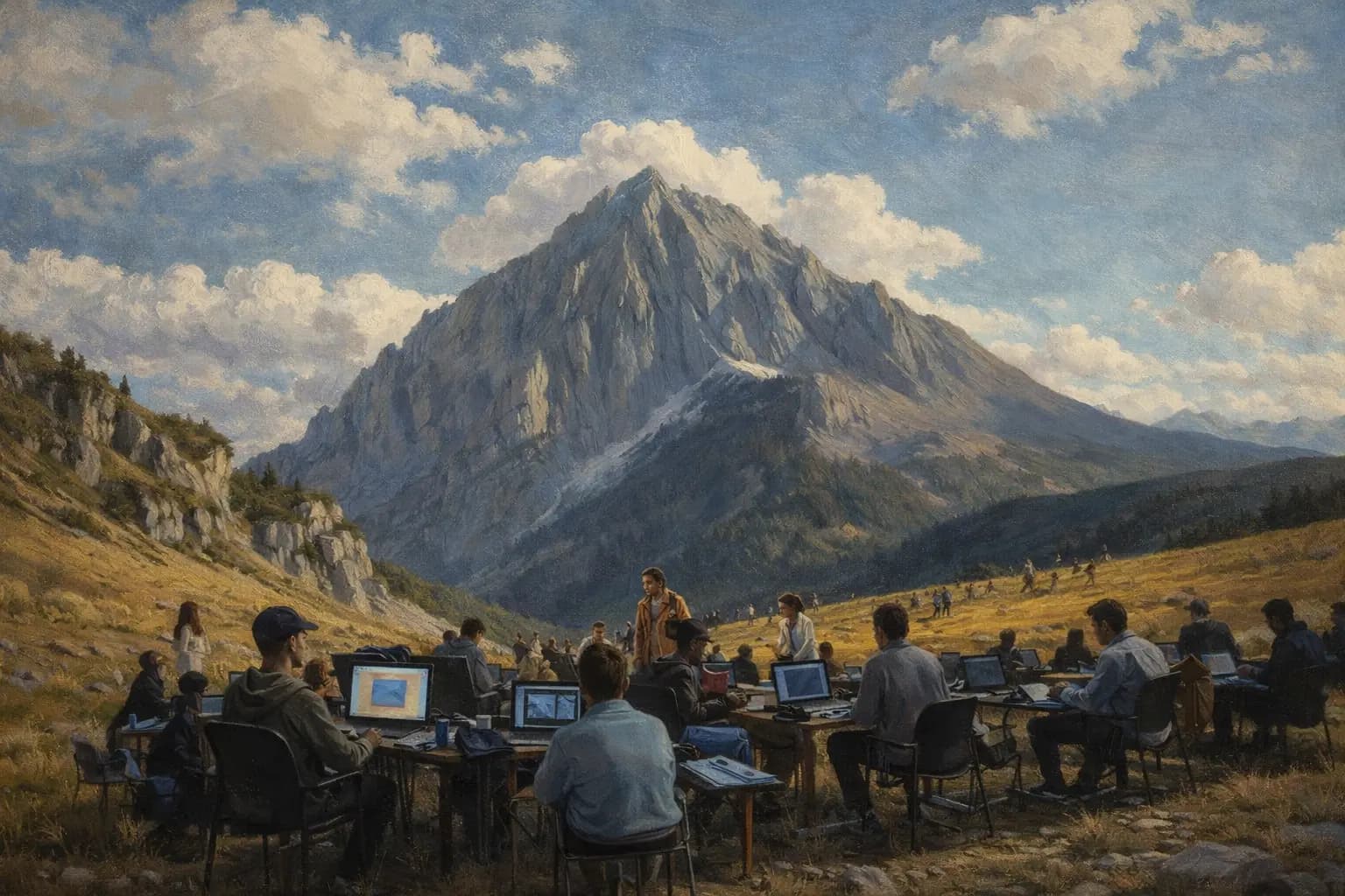 Equipo de Kodika trabajando frente a la montaña