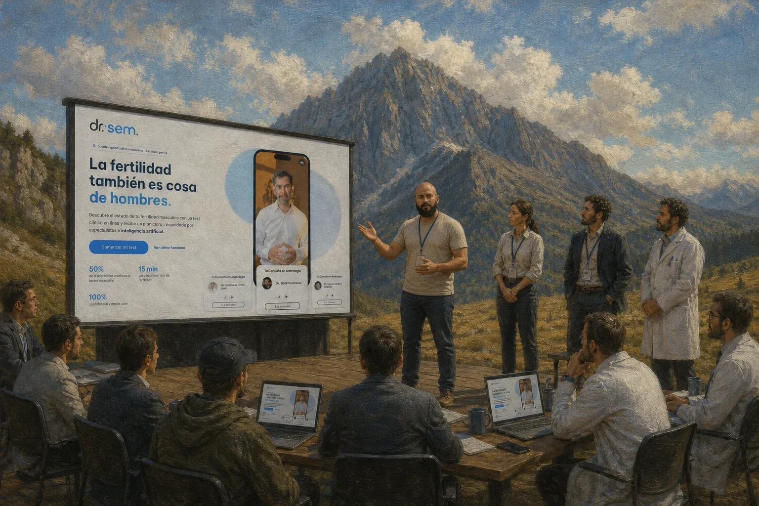 Presentación de Dr. Sem sobre fertilidad masculina ante un equipo médico reunido al aire libre frente a una montaña.