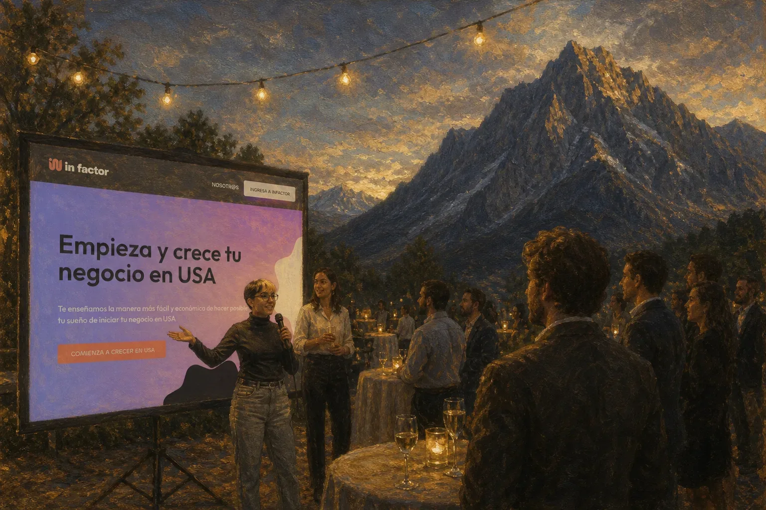 Presentación del sitio de iNFactor ante una comunidad de emprendedores reunida al aire libre frente a una montaña.