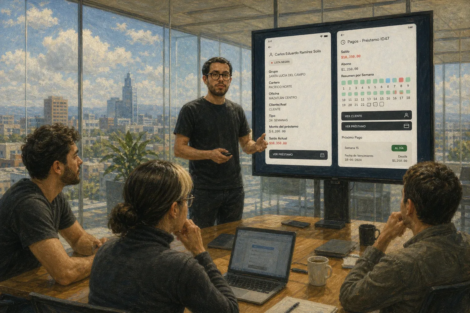 Presentación de la aplicación móvil Modu con información de clientes, préstamos y pagos ante un equipo de trabajo.
