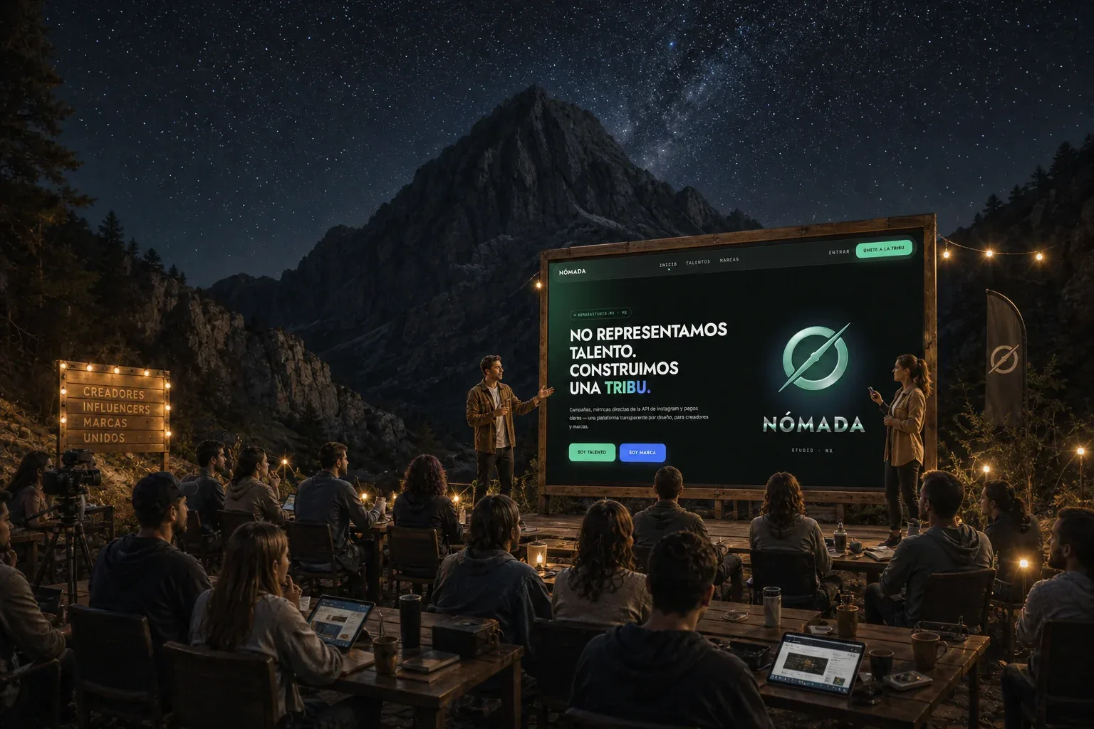 Presentación nocturna de la plataforma Nómada ante una comunidad de creadores reunida frente a una montaña.